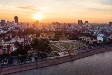 Top view of Cambodia’s capital Phnom Penh during evening sunset.